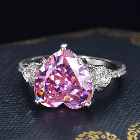😍Pink Heart CZ Anillos Shiny Diamonds Silver Plated Heart Ring for Women, L117 - Picture 7 of 7